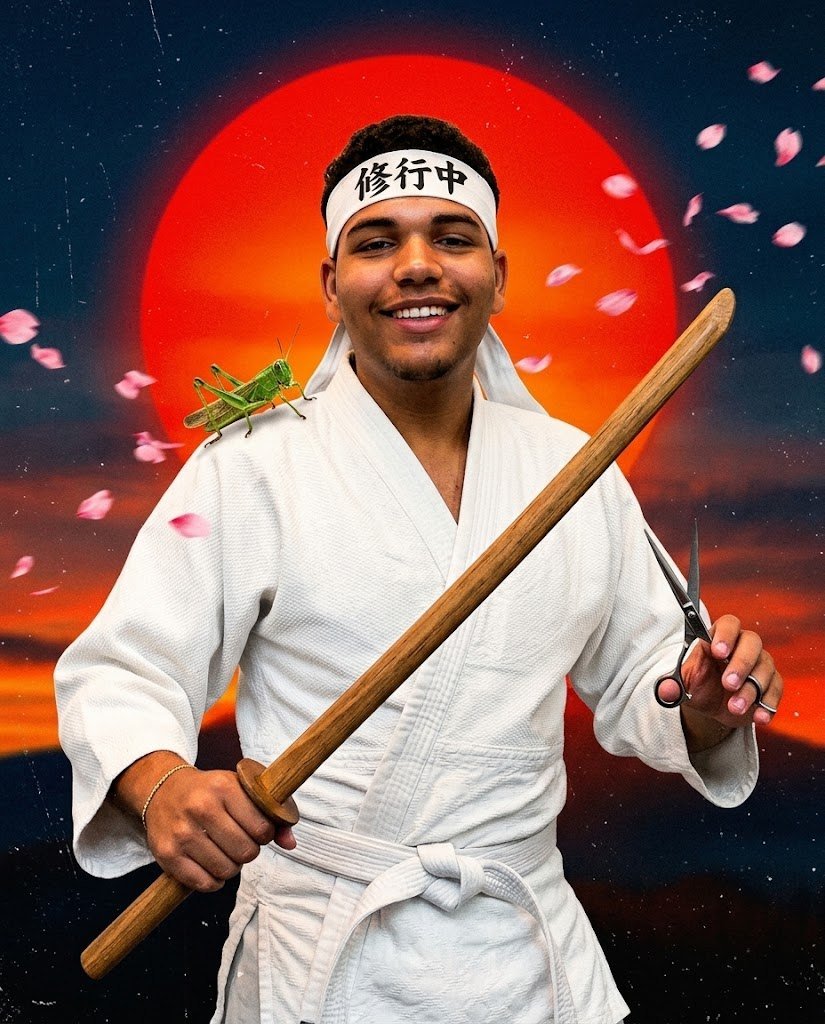 Thiago, o Pequeno Gafanhoto, aprendiz da Eduardo Barbearia, ilustrado de kimono branco com espada de madeira, tesoura e um gafanhoto no ombro