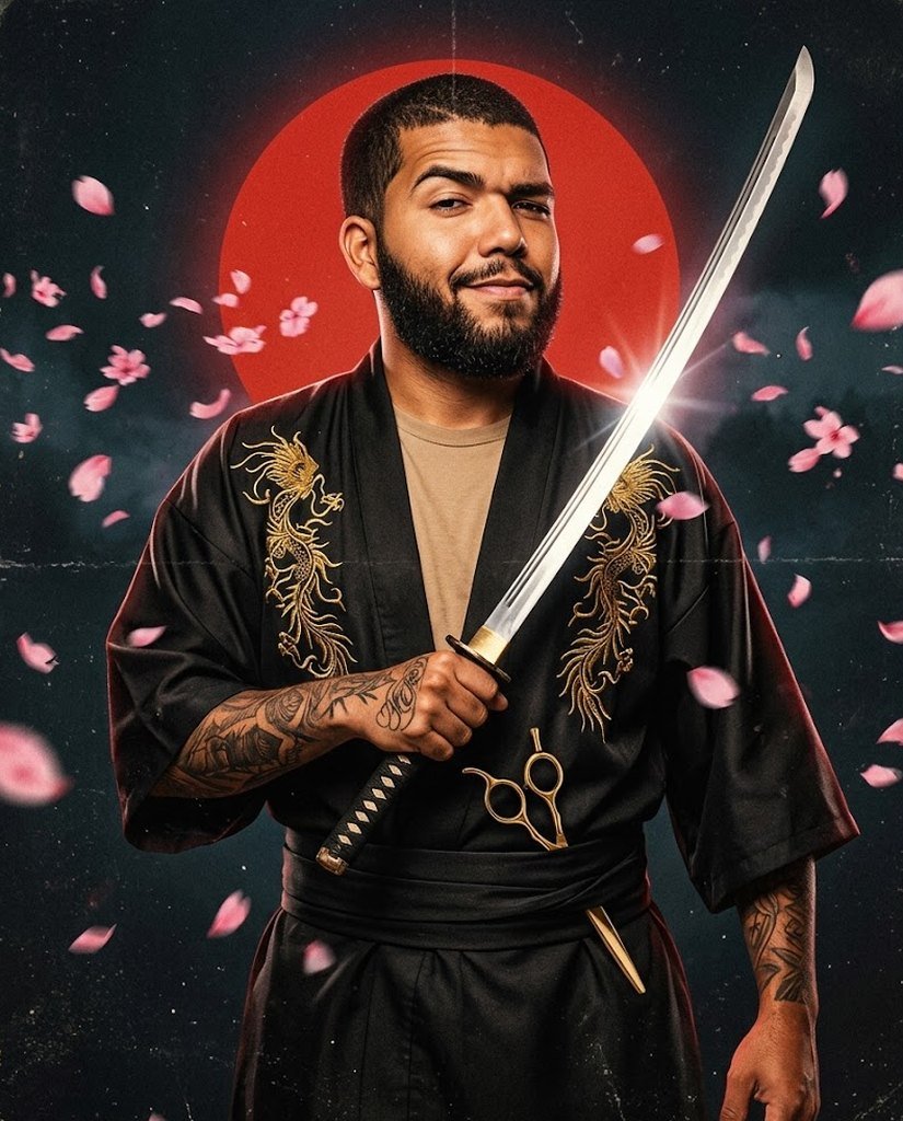 Mestre Dudu, o Eduardo, fundador da Eduardo Barbearia, ilustrado como mestre espadachim de kimono preto e katana